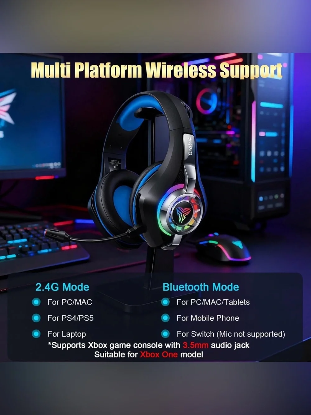 ORDTOP GS400 Wireless Gaming Headset RGB 2.4GHz BT 5.4 for PS5 PS4 PC